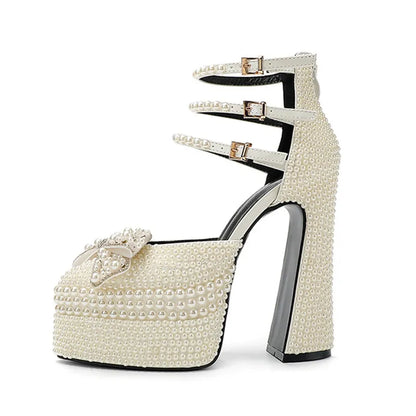 Luxury Handmade Full Pearls Rhinestones Bowknot Women Pumps Fashion Ankle Strap Platform Wedges High heels Banquet Wedding Shoes