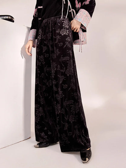 Spring and Autumn New Chinese Style New Elegant Elastic Waist  Wide Leg Pants Jacquard Casual Design Loose Long Pants Female S-L