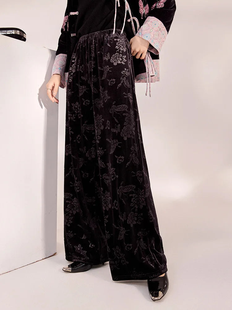 Spring and Autumn New Chinese Style New Elegant Elastic Waist  Wide Leg Pants Jacquard Casual Design Loose Long Pants Female S-L