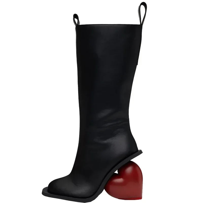 New Retro Sexy Round Toe Peach Heart Heel Side Zipper Knee High Boots European American Fashion Show Color Blocked Women's Boots