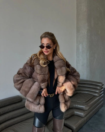 Solid Patchwork Faux Fur Coat Women Full Sleeve Lapel Loose Long Staple Plush Jacket Lady 2025 New Winter Fashion Street Outwear