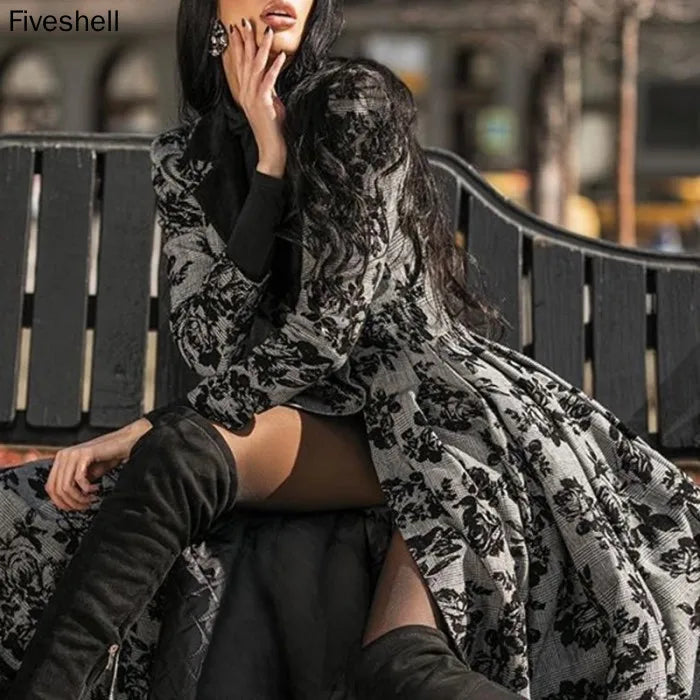 Women's Dress Autumn Winter Women's Coat 2021 Long Sleeve Medieval Lace Stitching Jacket Slim and Elegant Long Black Dresses