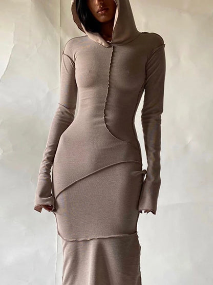 Hugcitar Long Sleeve Hooded Patchwork Skinny Maxi Dress 2021 Autumn Winter Women Fashion Streetwear Casual Outfits