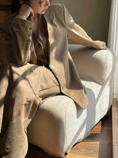 KWTX 2025 Women's 3 Pcs Suit Set Spring Fall V-Neck Blazer Single Breasted Vest Ribbon Tie Skirt Solid Color Elegant Retro