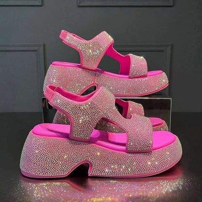 Fashion Luxury Rhinestone Women Sandals Summer New Sheepskin Elastic Band Thick-soled Open-toed Roman Flat Sandals