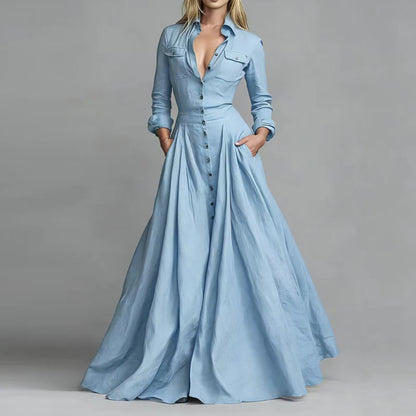 Casual Turn-down Collar Button Maxi Dress Woman Elegant Solid High Waist Swing Long Dresses Autumn Long Sleeve Pocket Boho Dress - Kimlud