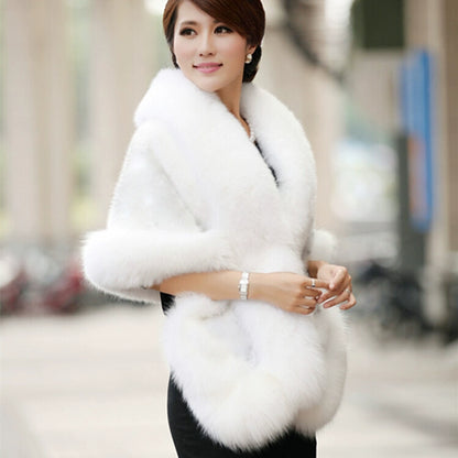 No. 19-Fall and Winter Bride Imitation Fox Fur Shawl Wedding Cloak Dress and Cheongsam Fur Cape Coat White Thick Women