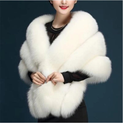 No. 19-Fall and Winter Bride Imitation Fox Fur Shawl Wedding Cloak Dress and Cheongsam Fur Cape Coat White Thick Women