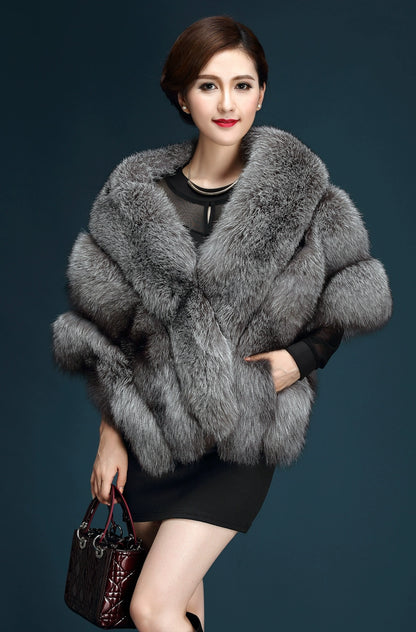 No. 19-Fall and Winter Bride Imitation Fox Fur Shawl Wedding Cloak Dress and Cheongsam Fur Cape Coat White Thick Women