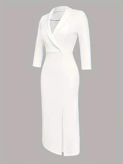 Elegant Women'S Bodycon Dress - Long Sleeve V-Neck with Belt, High-Low Hem, Stretchy Polyester Blend, Solid Color, Perfect for All Seasons, Versatile Fashion | Belted Waist Dress | Glossy Texture