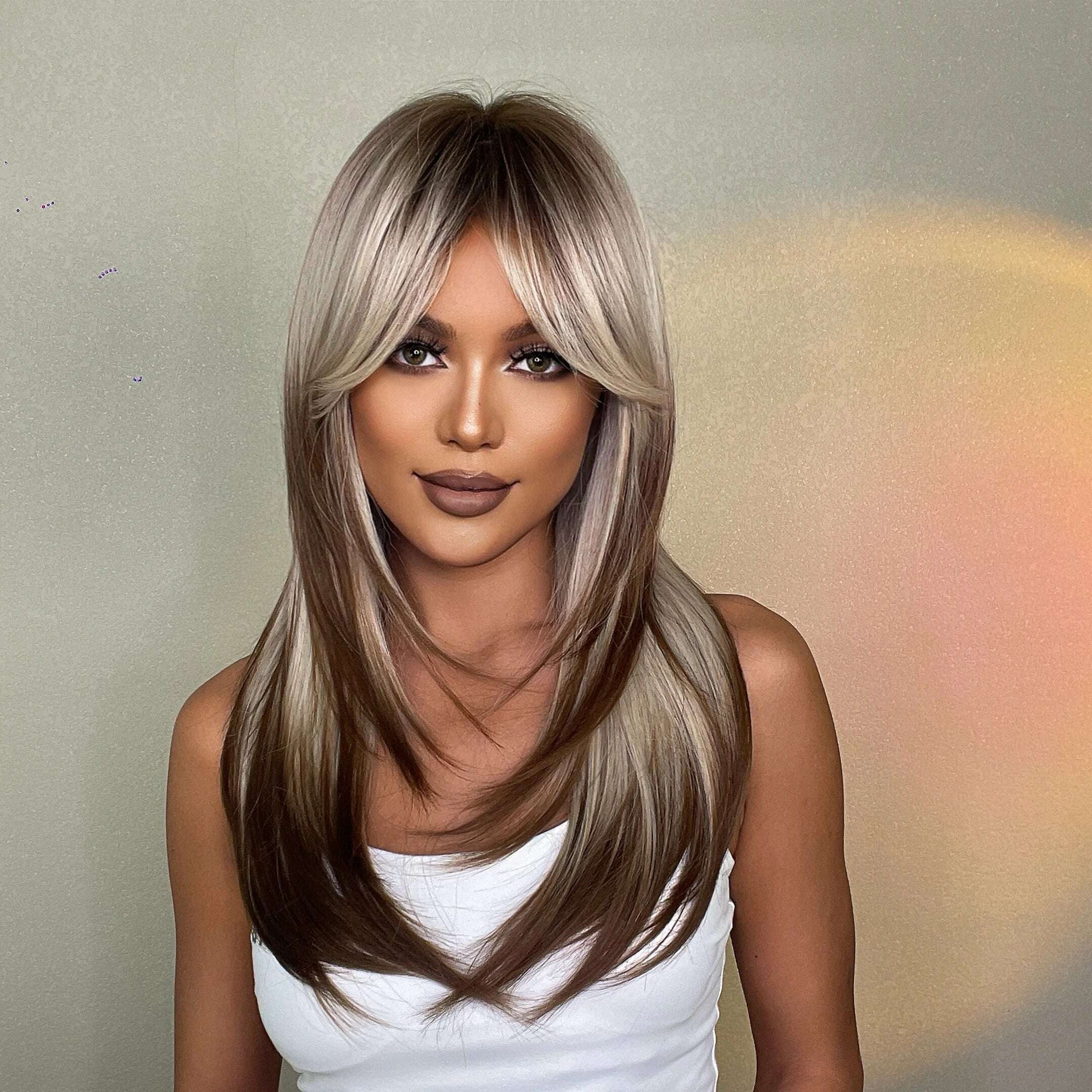 ALAN EATON Blonde Layered Synthetic Wigs for Women Long Straight Brown Highlights Wigs with Bangs Balayage Hair Heat Resistant