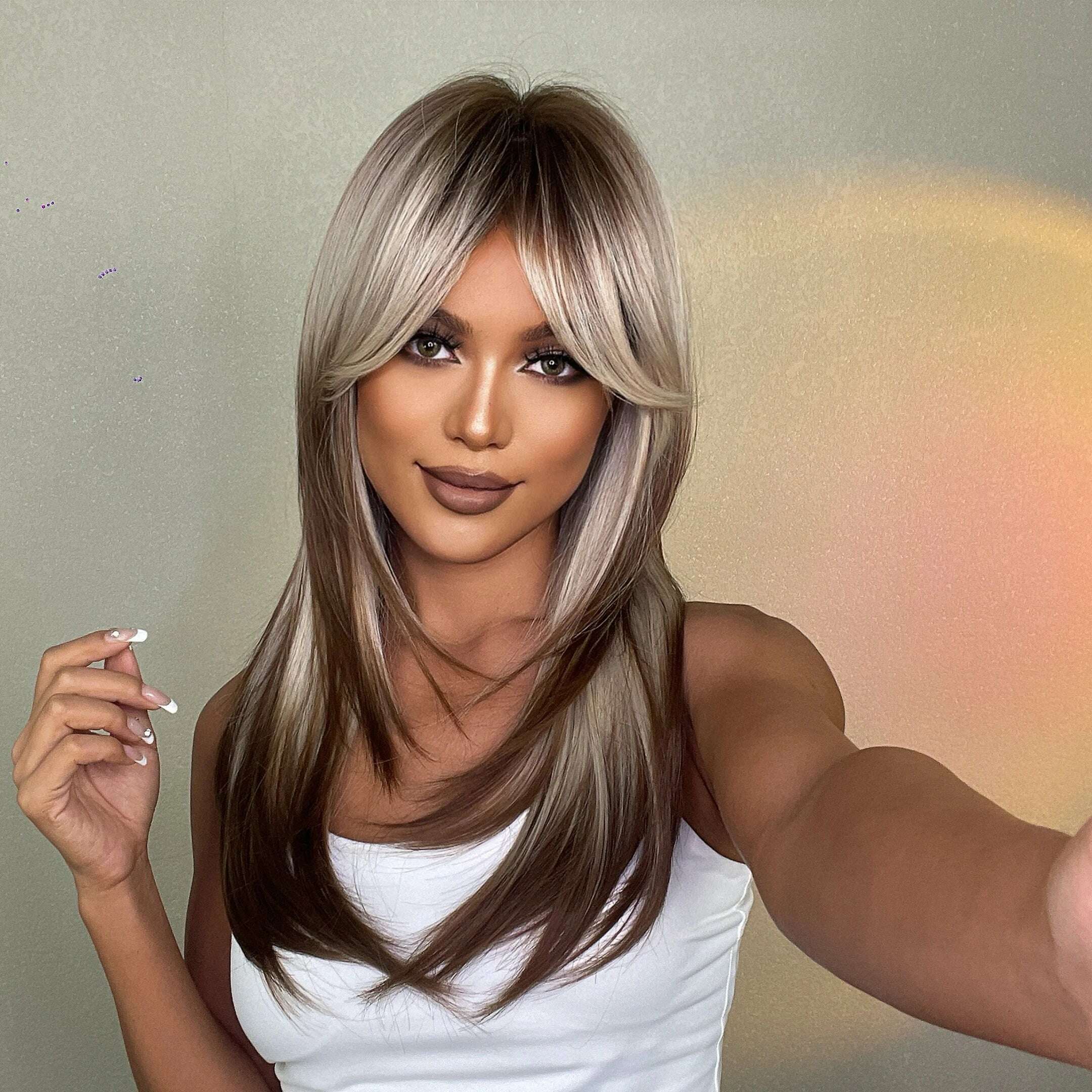 ALAN EATON Blonde Layered Synthetic Wigs for Women Long Straight Brown Highlights Wigs with Bangs Balayage Hair Heat Resistant