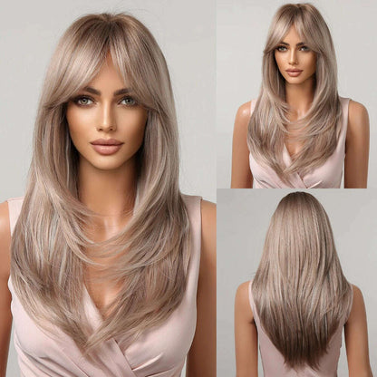 ALAN EATON Blonde Layered Synthetic Wigs for Women Long Straight Brown Highlights Wigs with Bangs Balayage Hair Heat Resistant