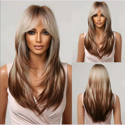 ALAN EATON Blonde Layered Synthetic Wigs for Women Long Straight Brown Highlights Wigs with Bangs Balayage Hair Heat Resistant