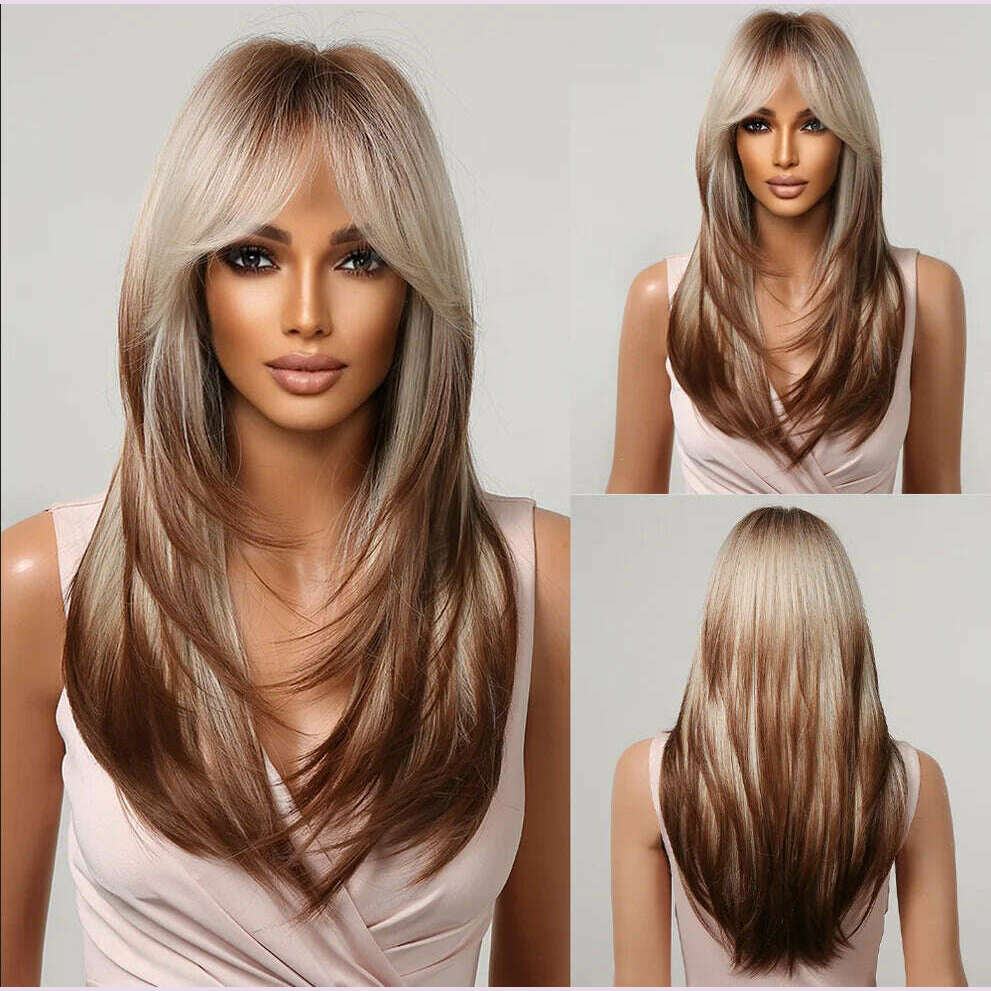 ALAN EATON Blonde Layered Synthetic Wigs for Women Long Straight Brown Highlights Wigs with Bangs Balayage Hair Heat Resistant