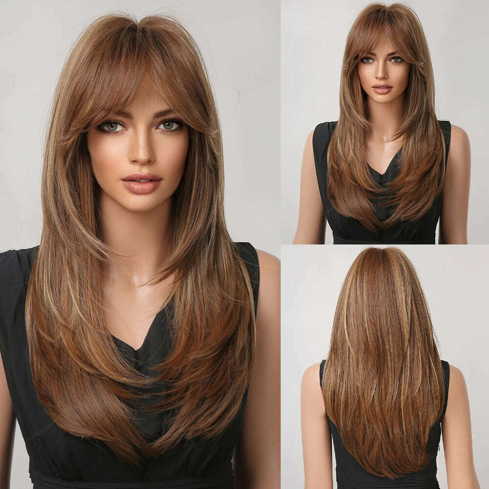 ALAN EATON Blonde Layered Synthetic Wigs for Women Long Straight Brown Highlights Wigs with Bangs Balayage Hair Heat Resistant
