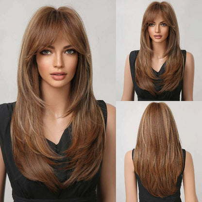 ALAN EATON Blonde Layered Synthetic Wigs for Women Long Straight Brown Highlights Wigs with Bangs Balayage Hair Heat Resistant