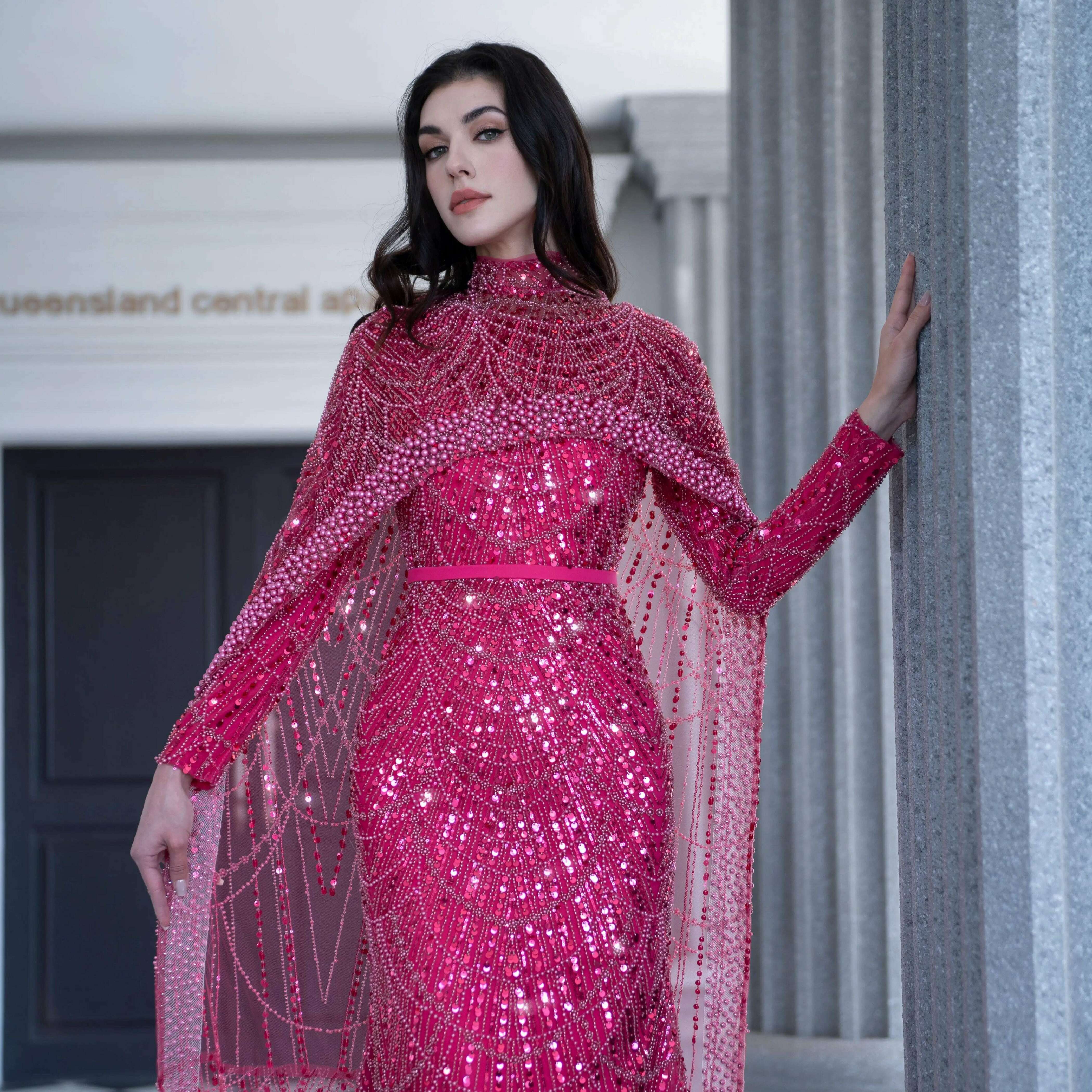 Alice CollectionPro Dubai Arabic Champagne Long Evening Dress 2024 Women's Prom Evening Dresses Gown with Cape Luxury Customized