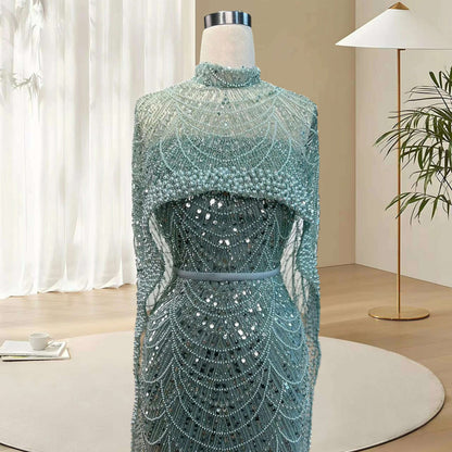 Alice CollectionPro Dubai Arabic Champagne Long Evening Dress 2024 Women's Prom Evening Dresses Gown with Cape Luxury Customized