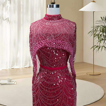 Alice CollectionPro Dubai Arabic Champagne Long Evening Dress 2024 Women's Prom Evening Dresses Gown with Cape Luxury Customized