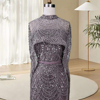 Alice CollectionPro Dubai Arabic Champagne Long Evening Dress 2024 Women's Prom Evening Dresses Gown with Cape Luxury Customized