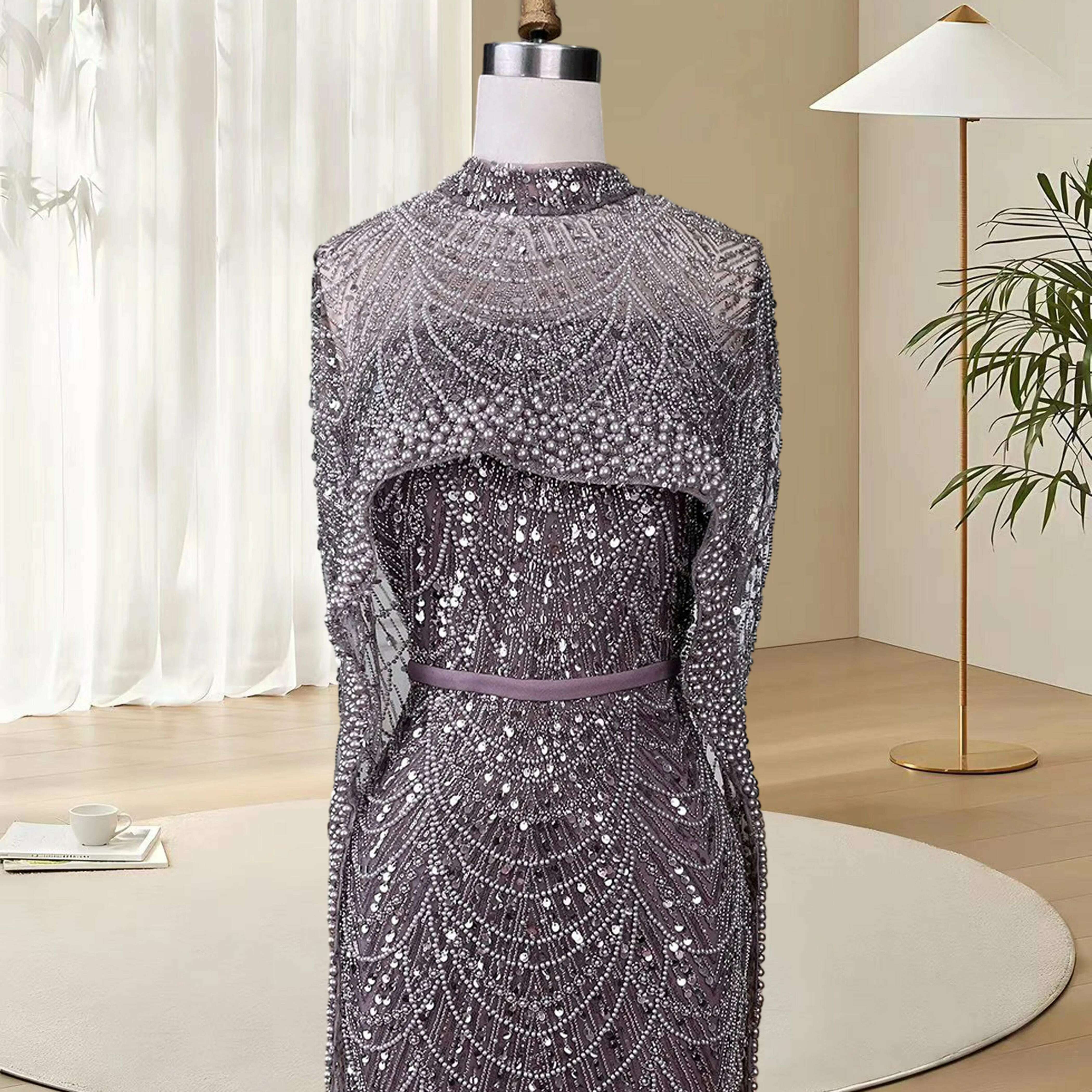 Alice CollectionPro Dubai Arabic Champagne Long Evening Dress 2024 Women's Prom Evening Dresses Gown with Cape Luxury Customized