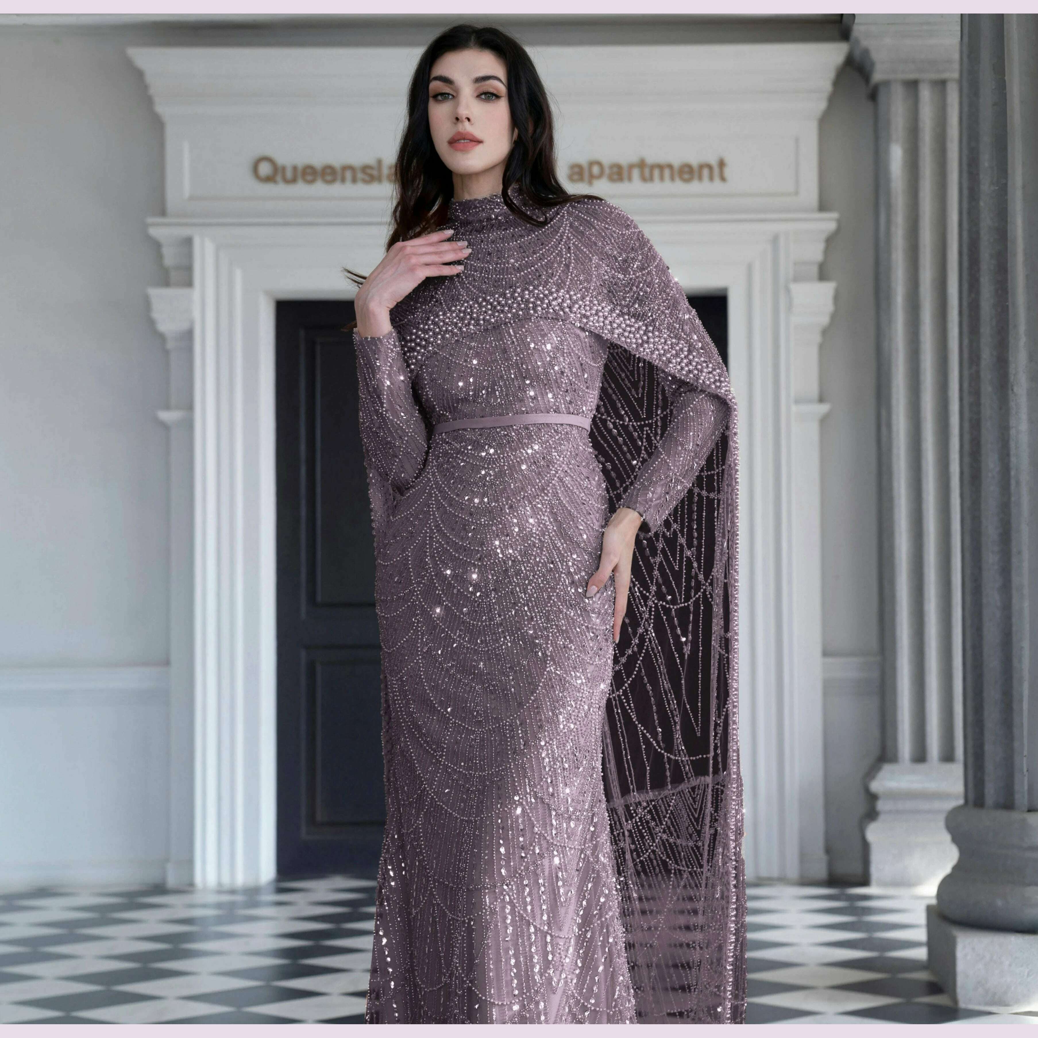 Alice CollectionPro Dubai Arabic Champagne Long Evening Dress 2024 Women's Prom Evening Dresses Gown with Cape Luxury Customized