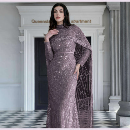 Alice CollectionPro Dubai Arabic Champagne Long Evening Dress 2024 Women's Prom Evening Dresses Gown with Cape Luxury Customized