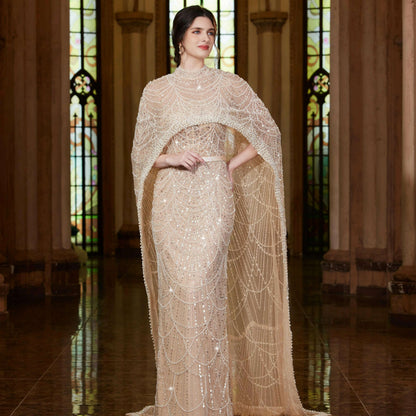 Alice CollectionPro Dubai Arabic Champagne Long Evening Dress 2024 Women's Prom Evening Dresses Gown with Cape Luxury Customized