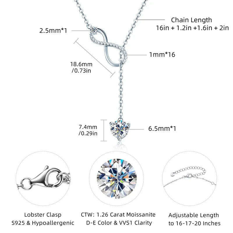 Anziw 925 Silver Infinity Necklace for Women 6.5mm D Color Moisasnite Pendant Y Shape Necklaces Anniversary Wedding Jewelry Gift