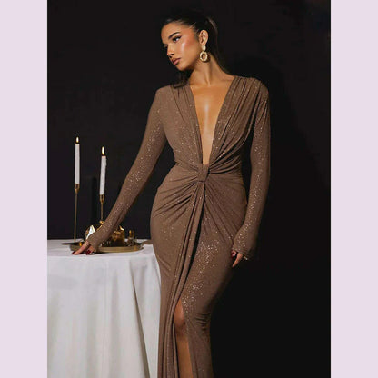 Articat Elegant Long Sleeve Elastic Tight Party Evening Dress For Women Sexy Deep V-Fold Lace Vestido Autumn/Winter New 2025