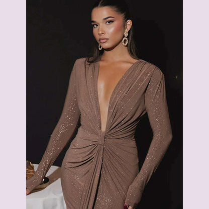 Articat Elegant Long Sleeve Elastic Tight Party Evening Dress For Women Sexy Deep V-Fold Lace Vestido Autumn/Winter New 2025