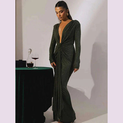 Articat Elegant Long Sleeve Elastic Tight Party Evening Dress For Women Sexy Deep V-Fold Lace Vestido Autumn/Winter New 2025