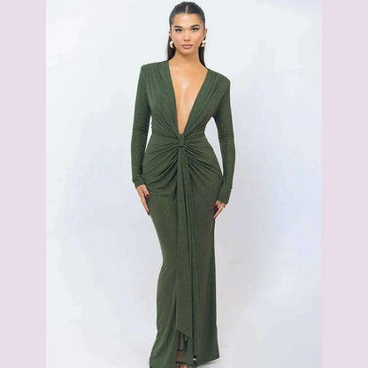 Articat Elegant Long Sleeve Elastic Tight Party Evening Dress For Women Sexy Deep V-Fold Lace Vestido Autumn/Winter New 2025