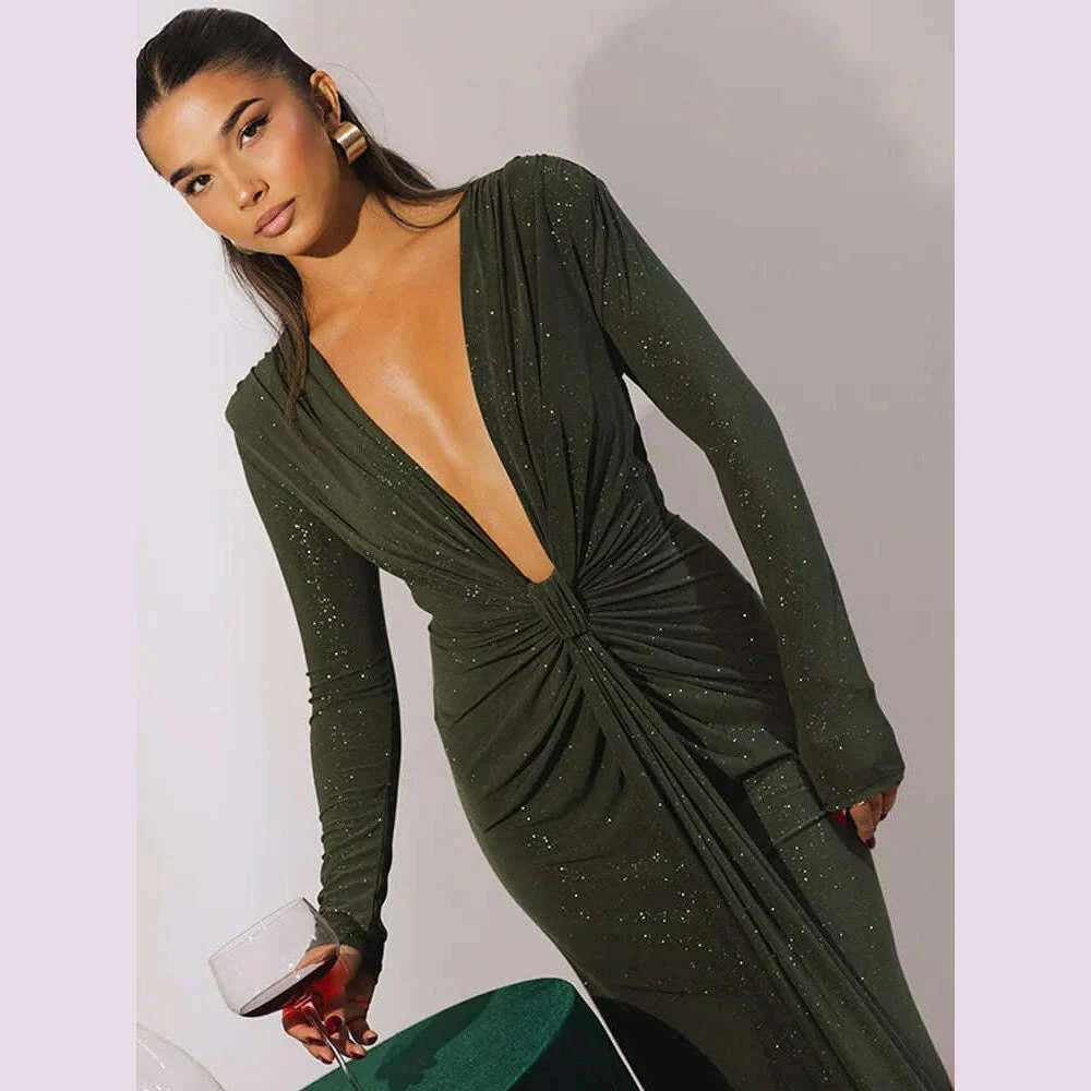 Articat Elegant Long Sleeve Elastic Tight Party Evening Dress For Women Sexy Deep V-Fold Lace Vestido Autumn/Winter New 2025