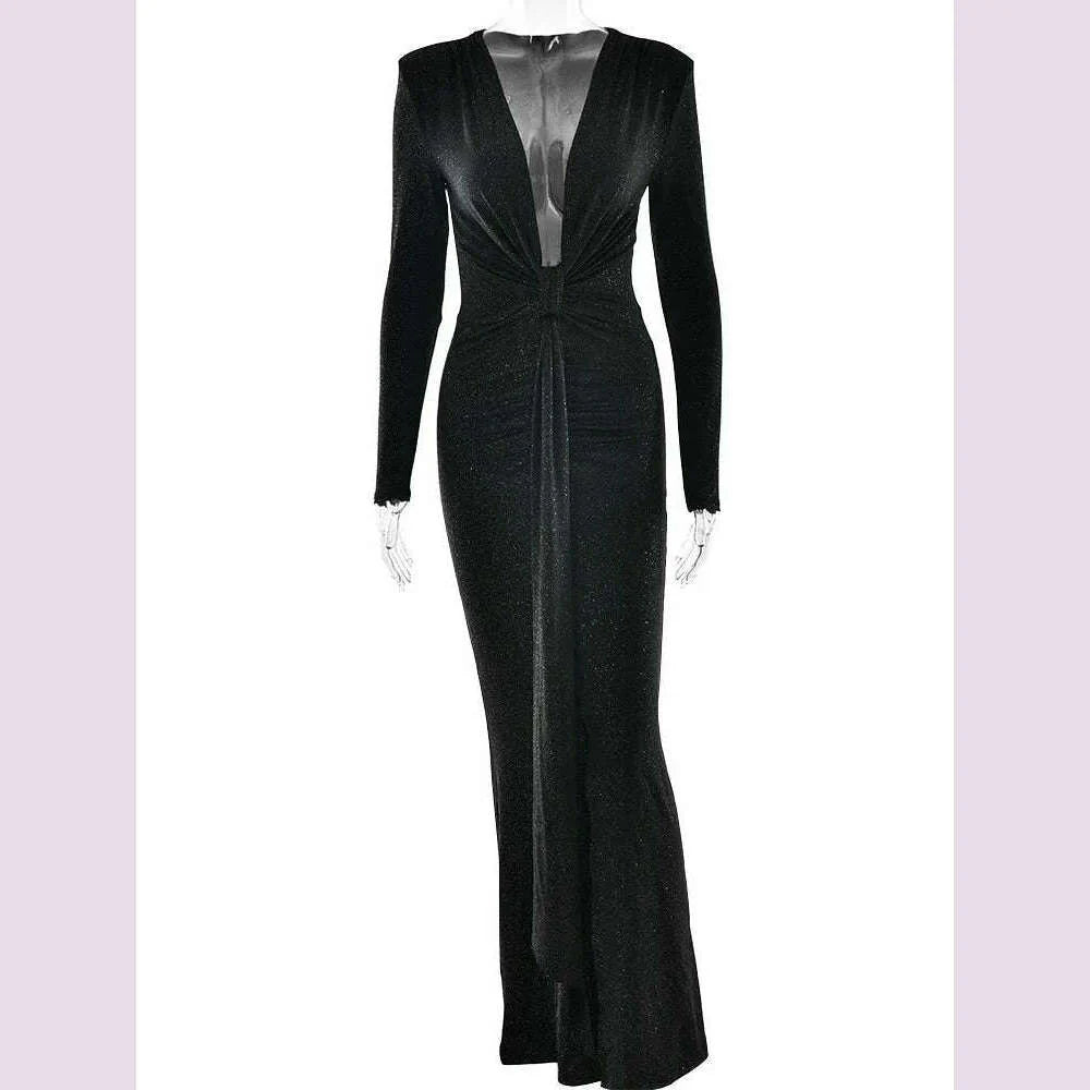 Articat Elegant Long Sleeve Elastic Tight Party Evening Dress For Women Sexy Deep V-Fold Lace Vestido Autumn/Winter New 2025