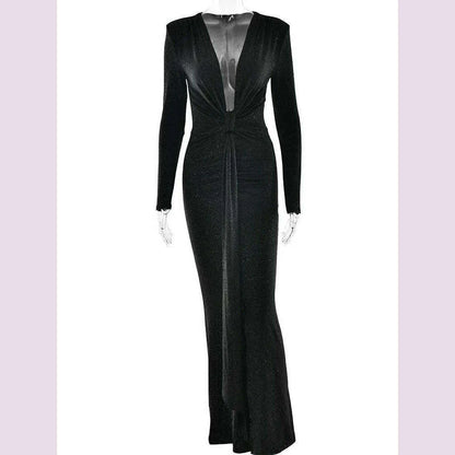 Articat Elegant Long Sleeve Elastic Tight Party Evening Dress For Women Sexy Deep V-Fold Lace Vestido Autumn/Winter New 2025