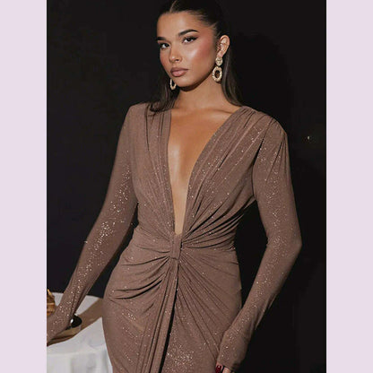 Articat Elegant Long Sleeve Elastic Tight Party Evening Dress For Women Sexy Deep V-Fold Lace Vestido Autumn/Winter New 2025