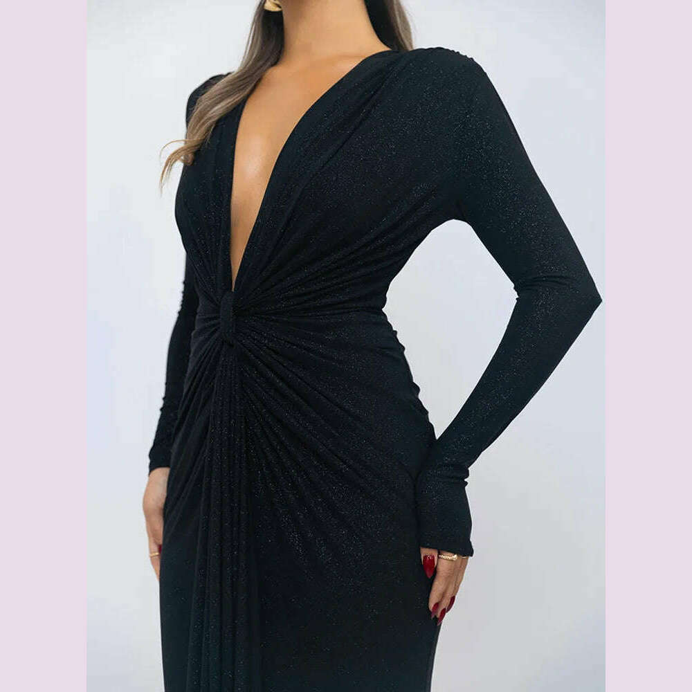 Articat Elegant Long Sleeve Elastic Tight Party Evening Dress For Women Sexy Deep V-Fold Lace Vestido Autumn/Winter New 2025