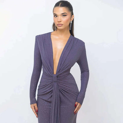 Articat Elegant Long Sleeve Elastic Tight Party Evening Dress For Women Sexy Deep V-Fold Lace Vestido Autumn/Winter New 2025