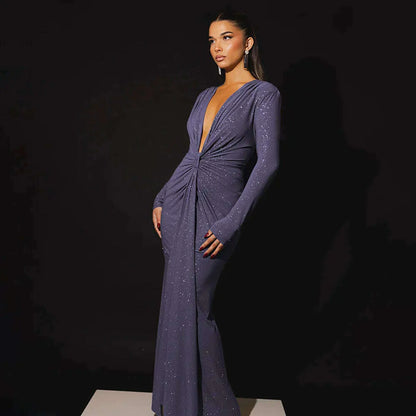 Articat Elegant Long Sleeve Elastic Tight Party Evening Dress For Women Sexy Deep V-Fold Lace Vestido Autumn/Winter New 2025