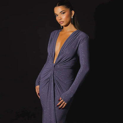 Articat Elegant Long Sleeve Elastic Tight Party Evening Dress For Women Sexy Deep V-Fold Lace Vestido Autumn/Winter New 2025