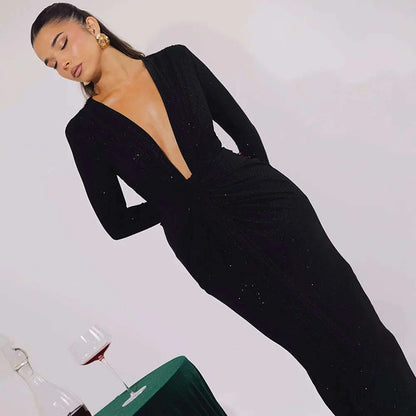 Articat Elegant Long Sleeve Elastic Tight Party Evening Dress For Women Sexy Deep V-Fold Lace Vestido Autumn/Winter New 2025