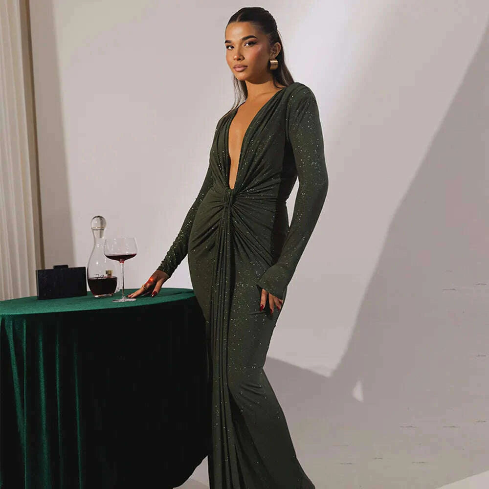 Articat Elegant Long Sleeve Elastic Tight Party Evening Dress For Women Sexy Deep V-Fold Lace Vestido Autumn/Winter New 2025