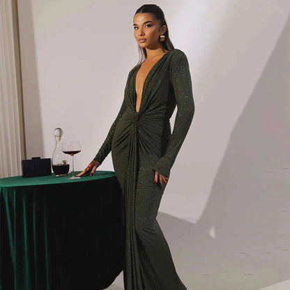 Articat Elegant Long Sleeve Elastic Tight Party Evening Dress For Women Sexy Deep V-Fold Lace Vestido Autumn/Winter New 2025