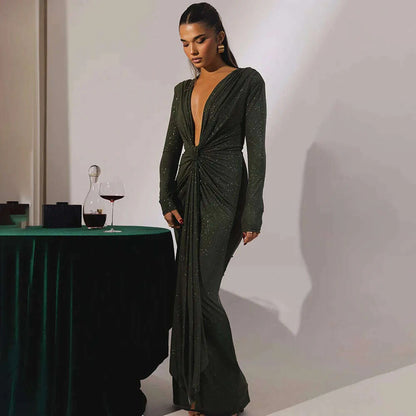 Articat Elegant Long Sleeve Elastic Tight Party Evening Dress For Women Sexy Deep V-Fold Lace Vestido Autumn/Winter New 2025