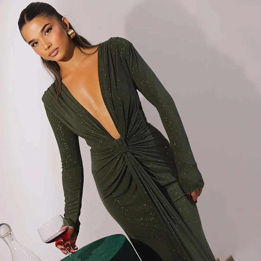 Articat Elegant Long Sleeve Elastic Tight Party Evening Dress For Women Sexy Deep V-Fold Lace Vestido Autumn/Winter New 2025