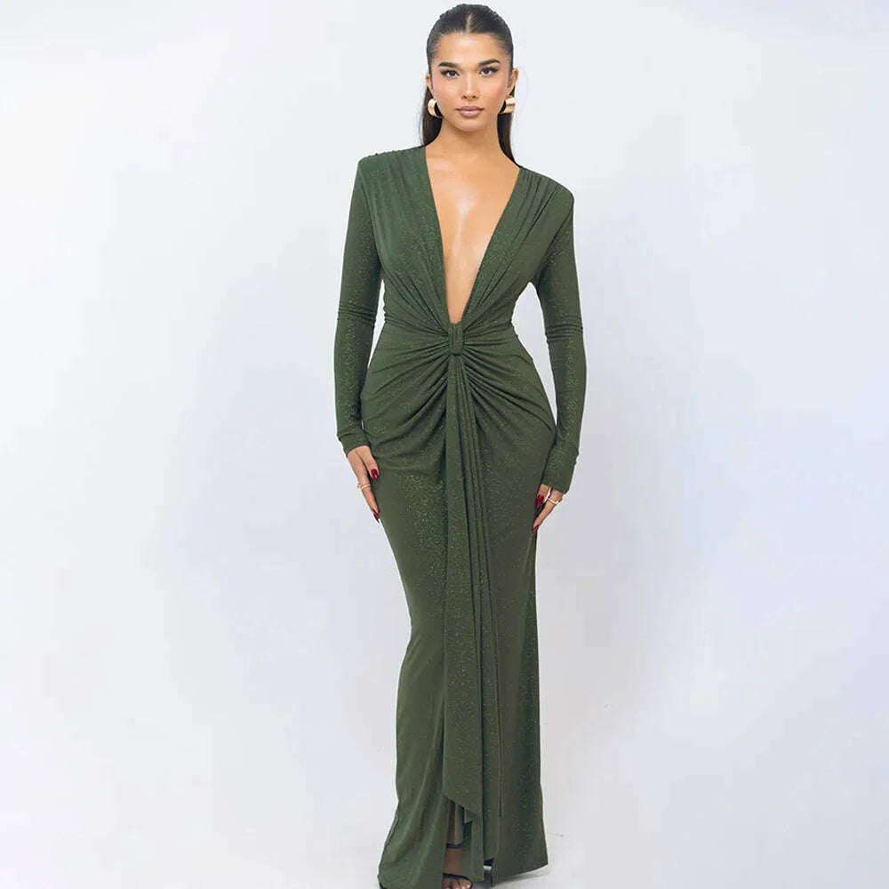 Articat Elegant Long Sleeve Elastic Tight Party Evening Dress For Women Sexy Deep V-Fold Lace Vestido Autumn/Winter New 2025