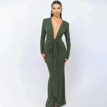 Articat Elegant Long Sleeve Elastic Tight Party Evening Dress For Women Sexy Deep V-Fold Lace Vestido Autumn/Winter New 2025