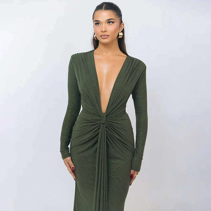 Articat Elegant Long Sleeve Elastic Tight Party Evening Dress For Women Sexy Deep V-Fold Lace Vestido Autumn/Winter New 2025